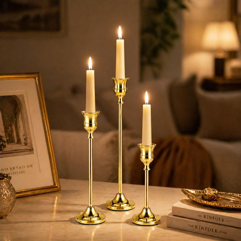 Brass Gold Candle Holders Set of 12, Metal Taper Candlestick Holders in 3 Heights - Vintage Candle Stick Holder Brass