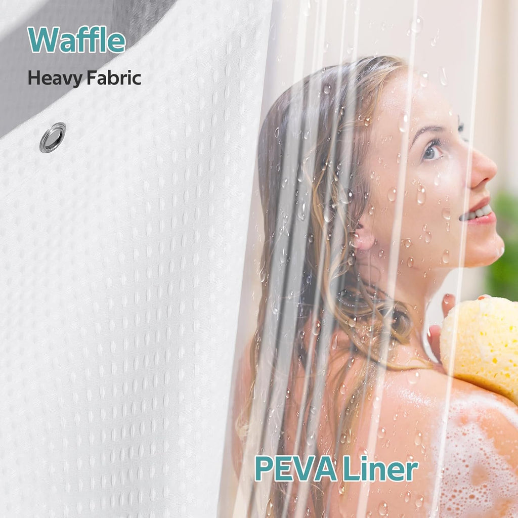 3 in 1 Shower Curtain Set, Waffle Shower Curtain and Liner Set with 12 Double Sided Shower Curtain Hooks, 258GSM