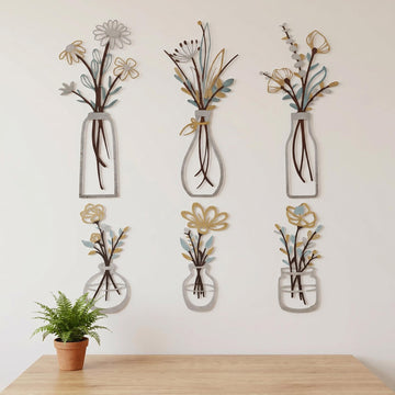 6Pcs Gold Blue Metal Flower Vase Wall Art Botanical Farmhouse Decor