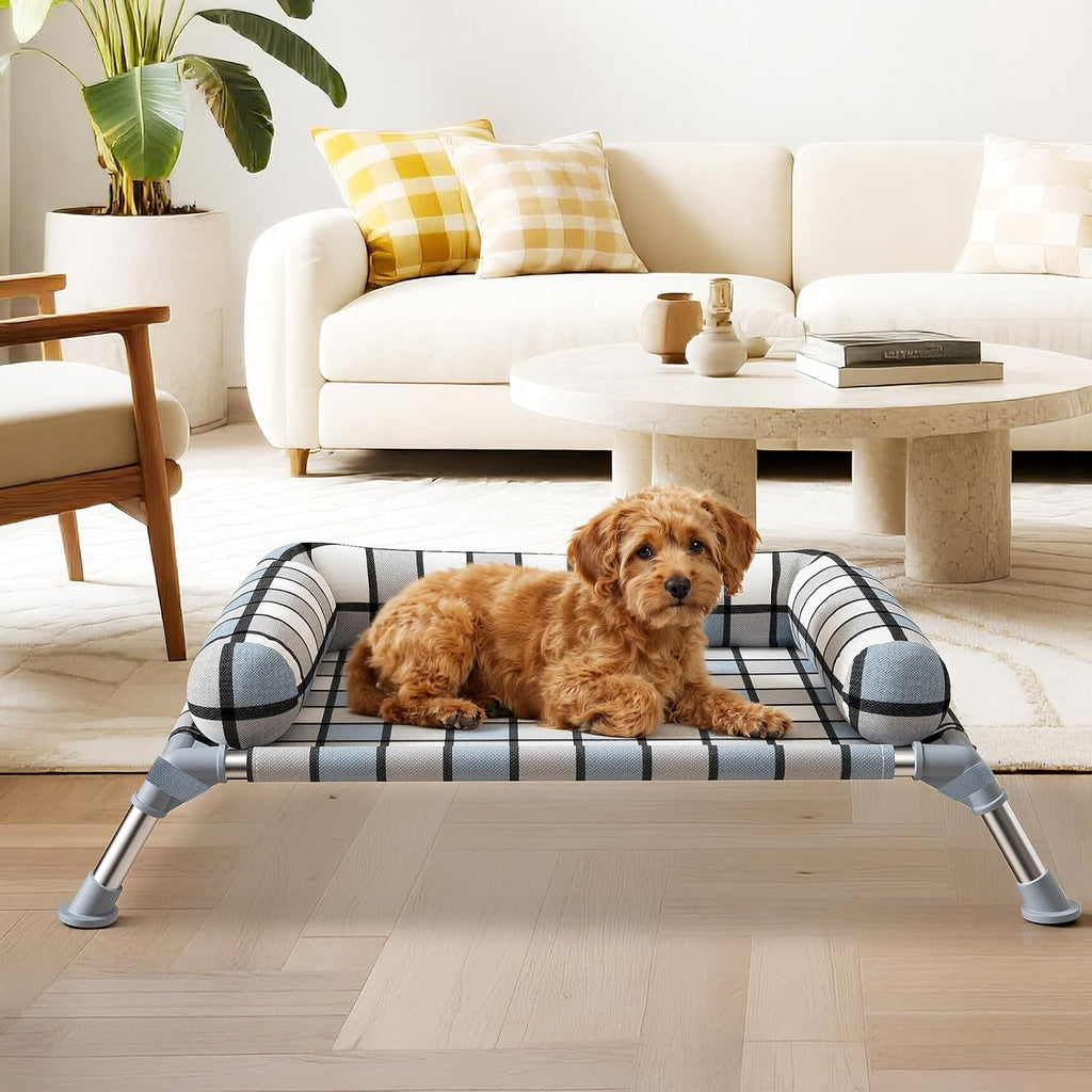 Elevated Dog Bed with Bolster, Portable Raised Lifted Pillow Pet Cot Beds