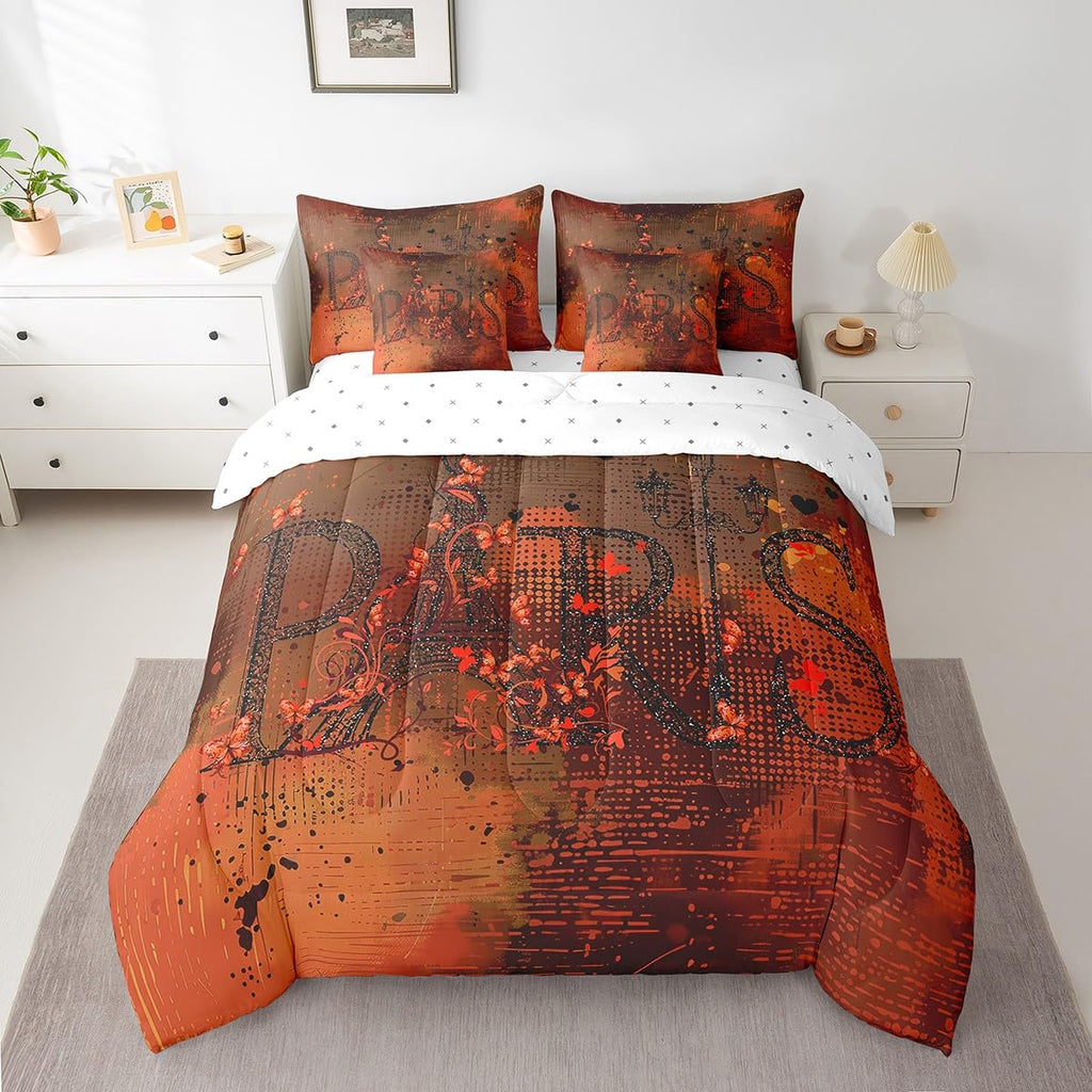 French Paris Twin Comforter Set 7-Piece Romantic Eiffel Tower Bed in a Bag, Red Gradient Bedding Comforter Sets Retro