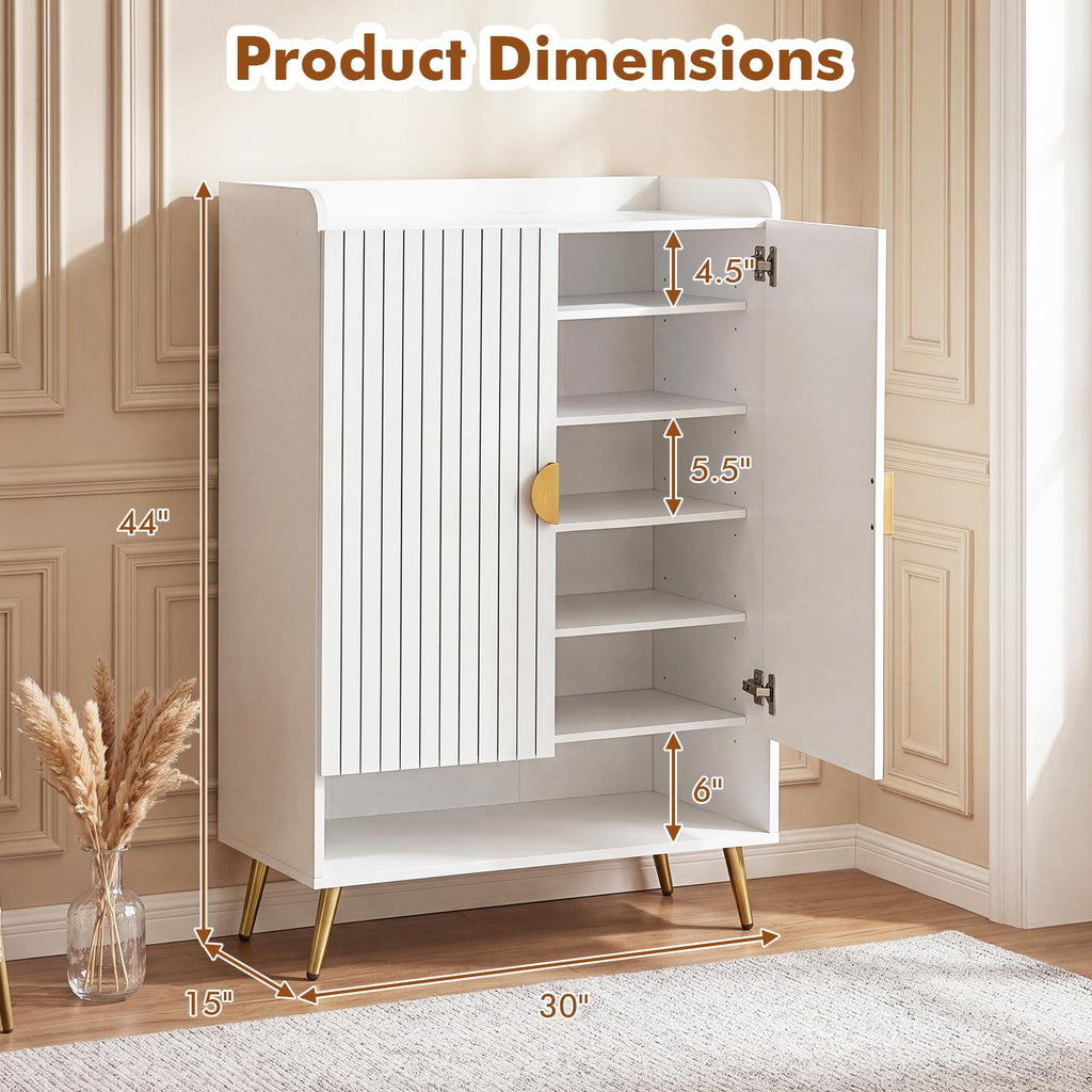 Shoe Storage Cabinet w/ Doors, Adjustable Shelves, Metal Leg, White