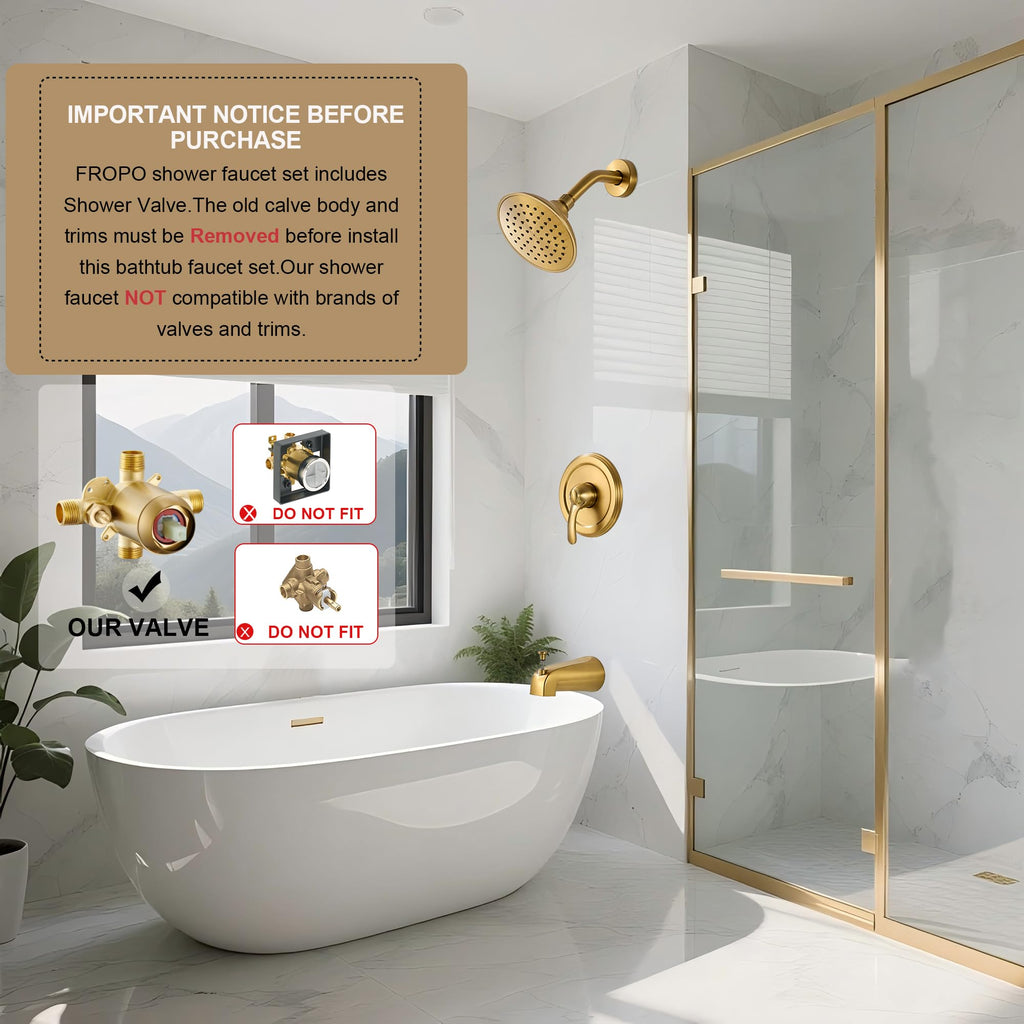 Brushed Gold Shower Tub Faucet Set, 6-Inch Gold Shower Head and Handle Set,Shower Tub Trim Kit,Gold Shower Faucet Set