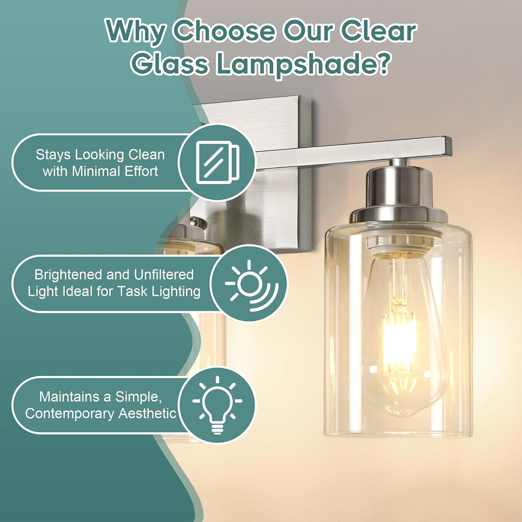 Bathroom Light Fixtures, 3-Light Vanity Light Over Mirror, Brushed Nickel Wall Sconces with Clear Glass Shades, Wall
