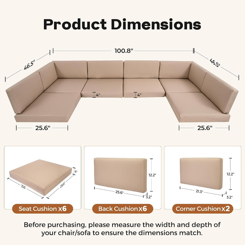 25.6" x 25.6" Outdoor Cushions Replacement Furniture, Deep Wide Seat Back Cushions Conversation Set, Splash-Proof &