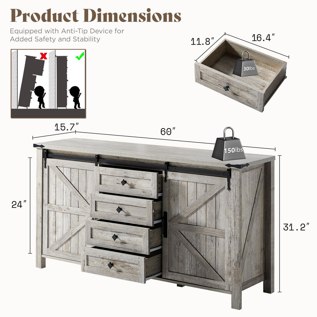 60" Farmhouse 4-Drawer with Barn Doors, Light Rustic Oak