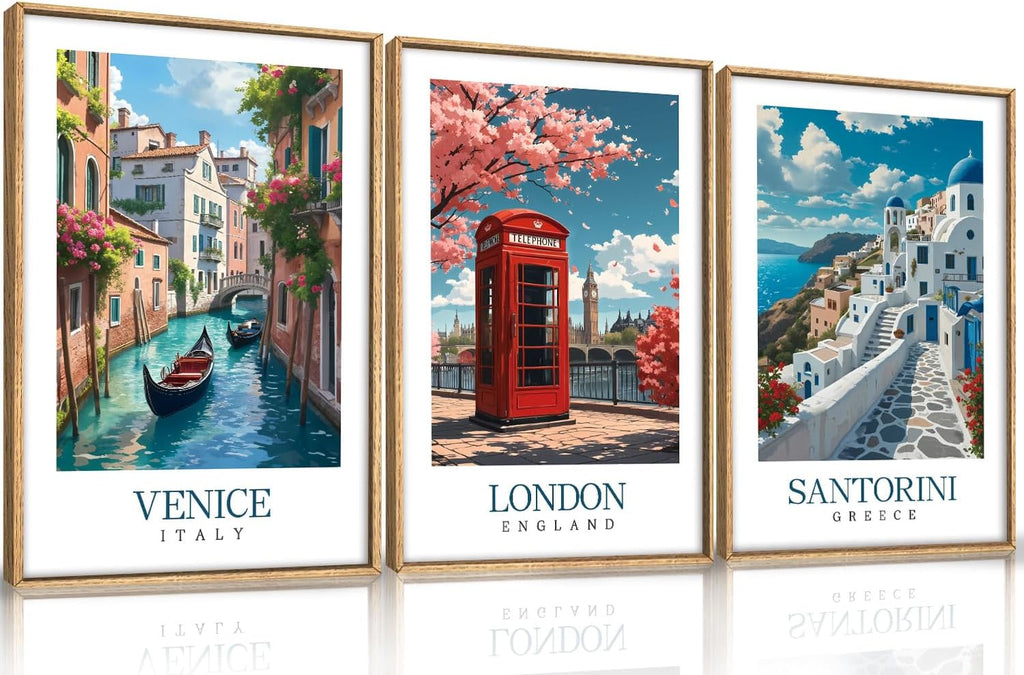 Italy Coast Wall Art Framed, Blue Europe Cityscape Italian Wall Decor set of 3 , Venice London Santorini