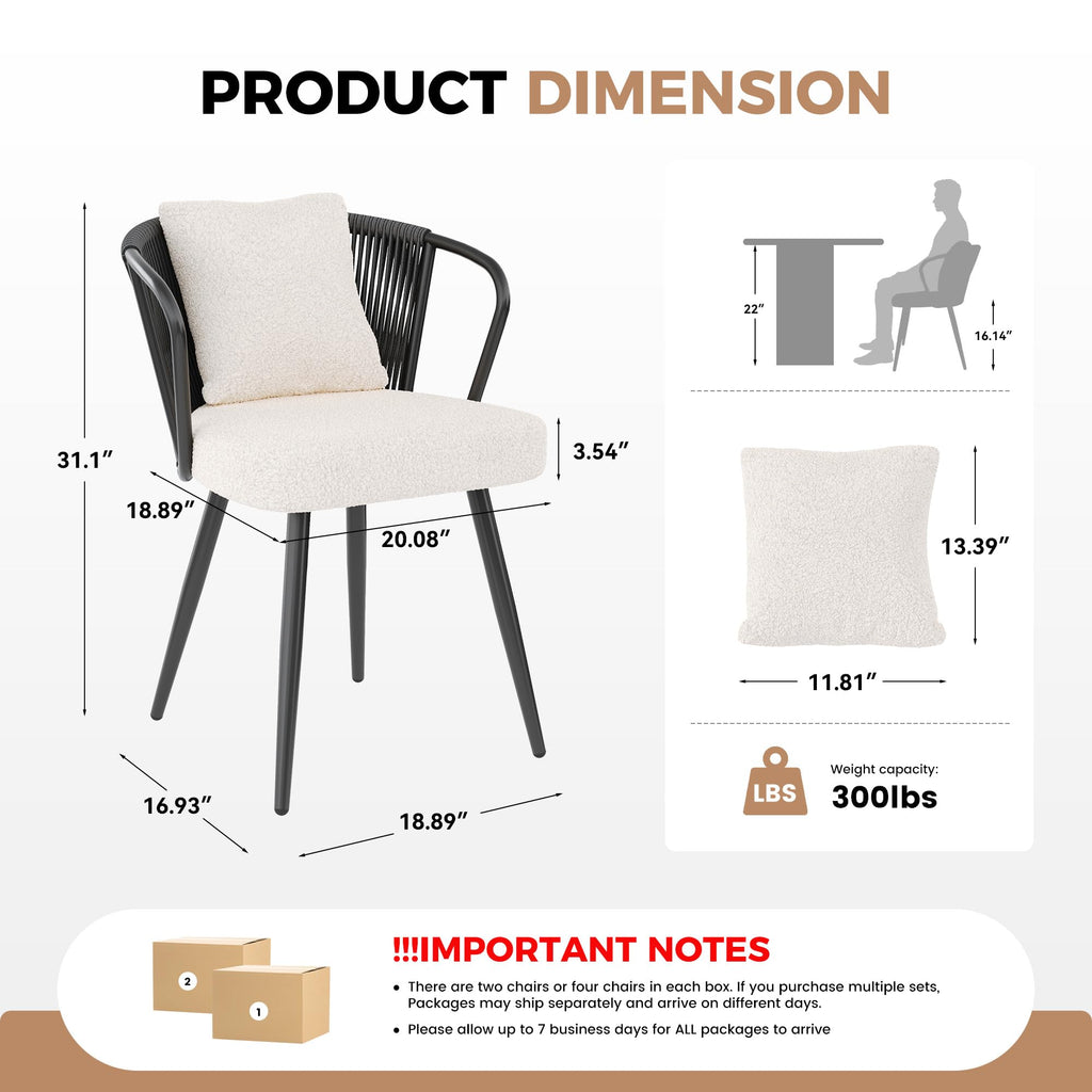 Rope Weaving Dining Chairs Set of 6, Rattan Upholstered Kitchen Chair with Metal Legs, Ergonomic Curved Backrest