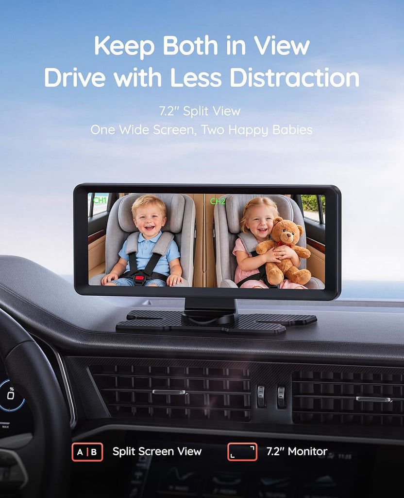 Dual Car Camera Baby Monitor for 2 Kids 7.2'' HD Split Screen