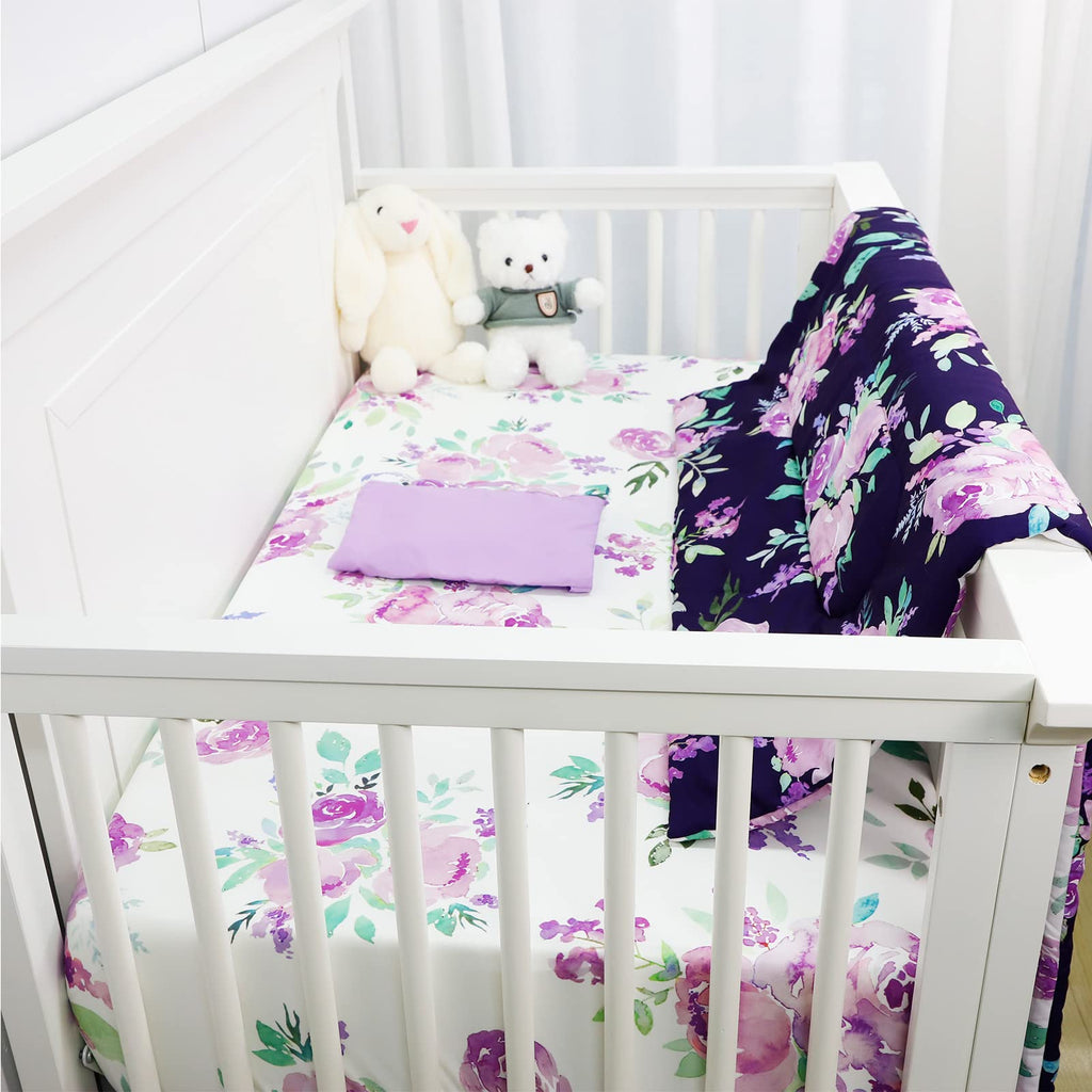 4 Piece Crib Bedding Set for Girls, Purple Flower Quilt, Crib Skirt, Diaper Stacker, Soft Microfiber Comforter, Cotton