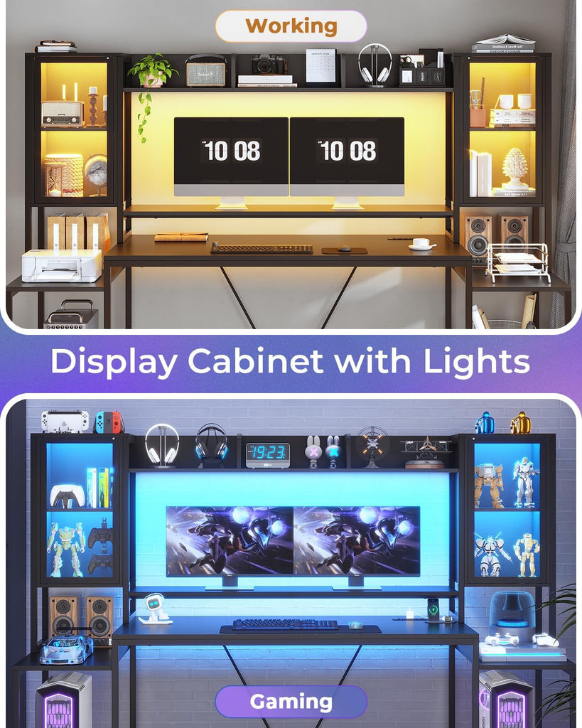 Gaming Desk 75'' with LED Lights, Hutch and Storage Shelves, Black | Computer Desk with Monitor Stand, Large PC Gamer