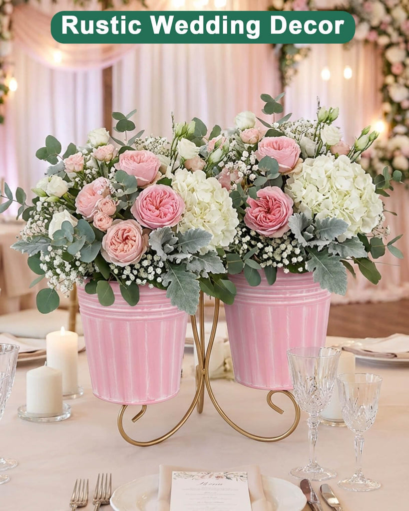 6 Inch Pink Metal Rustic Flower Pots - 6Pcs Medium Galvanized Planters with Drainage Hole and Rubber Plug, Rustproof