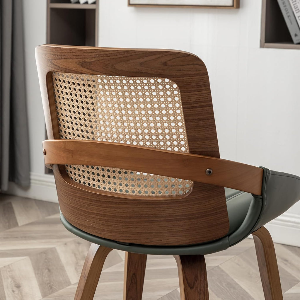 Dining Chairs Set of 2, Green Dining Chairs with Walnut Bentwood Frame, Ergonomic Rattan Back and Curved Arms for Kitchen or Living Room