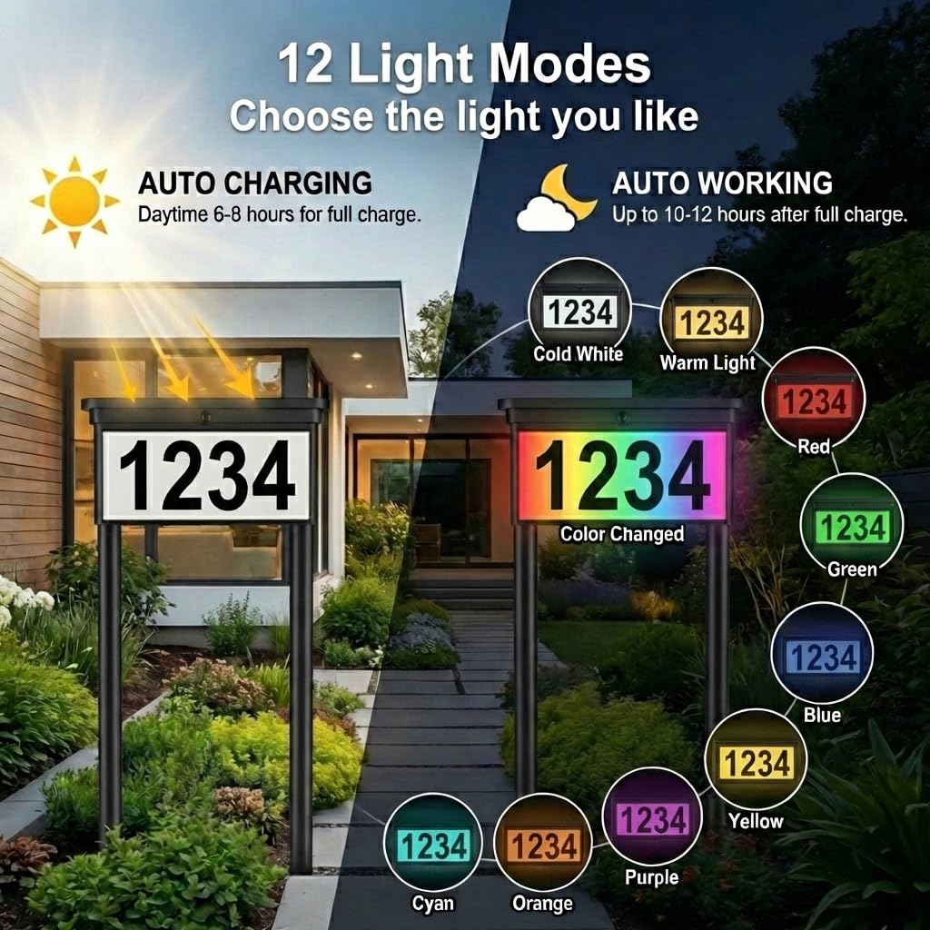 Solar Address Sign for Yard: 29" Double-Sided Lighted House Numbers with 12 Color Modes, 2-in-1 Dual Mounting (Stake
