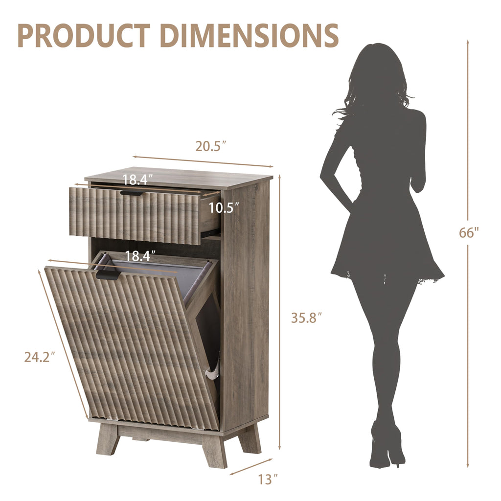 Tilt Out Laundry Hamper Cabinet with Storage and Drawer, 10 Gallon Fluted Hidden Trash Can Cabinet, Farmhouse Wood