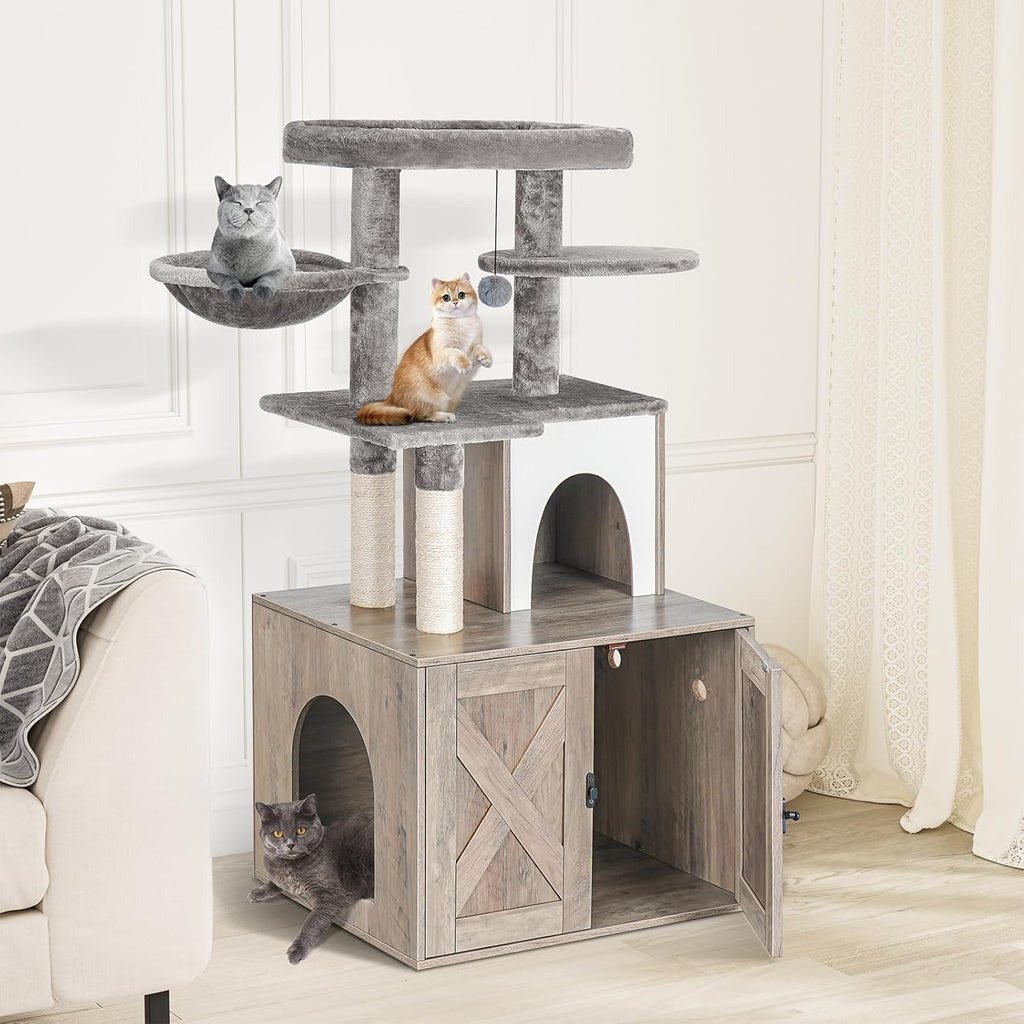 Cat Litter Box Enclosure with Tree Tower and Condo, Hidden Washroom Furniture with Sisal Scratching Post and Soft