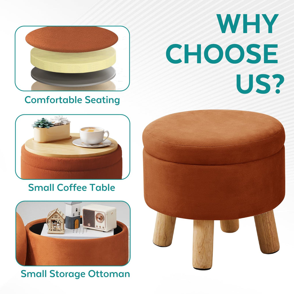 Small Foot Stool Ottoman with Storage, Velvet Ottoman Foot Rest for Couch, Round Footstool with Storage, Small