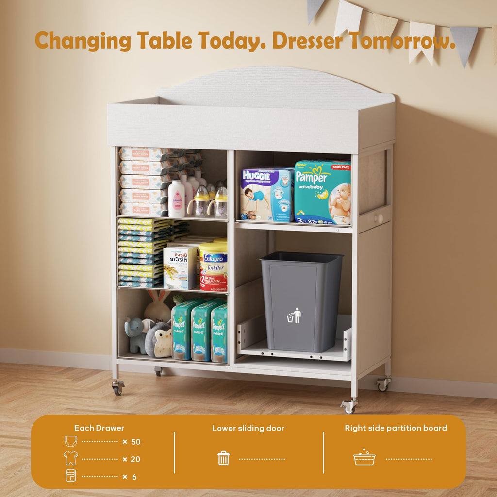 Baby Dresser with Changing Table Top, 4-Drawers Changing Table Dresser with Tile-Out Trash Cabinet and Pull-Out