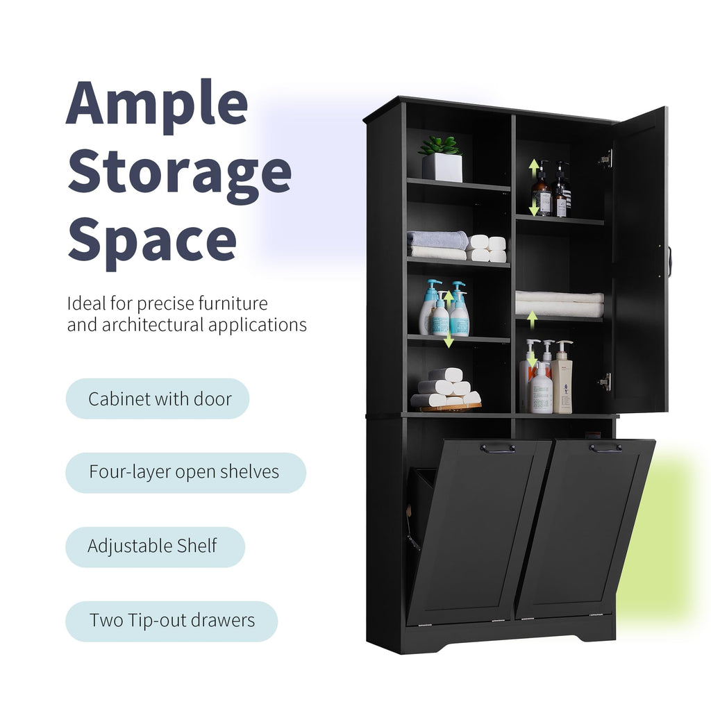 Tall Storage Cabinet with Door and Open Shelf, Multi-Functional Laundry Hamper Basket Bathroom, Laundry Room, Black