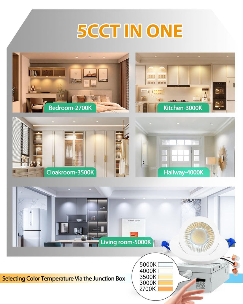 3 Inch Gimbal LED Recessed Lights, 5CCT, 7W 800LM, White 1 Pack