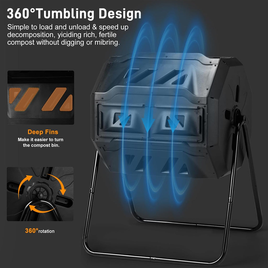Outdoor Dual Chamber Compost Tumbler, 43 Gallon Black Rotating Batch Compost Bin with Sliding Doors for Garden