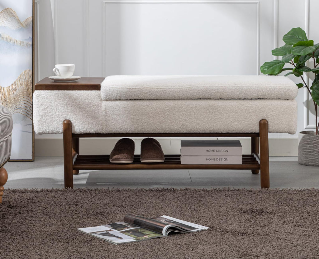 Modern Storage Bench End of Bed Sherpa Upholstered Ottoman Bench with Storage and Wood Shoe Rack Farmhouse Long