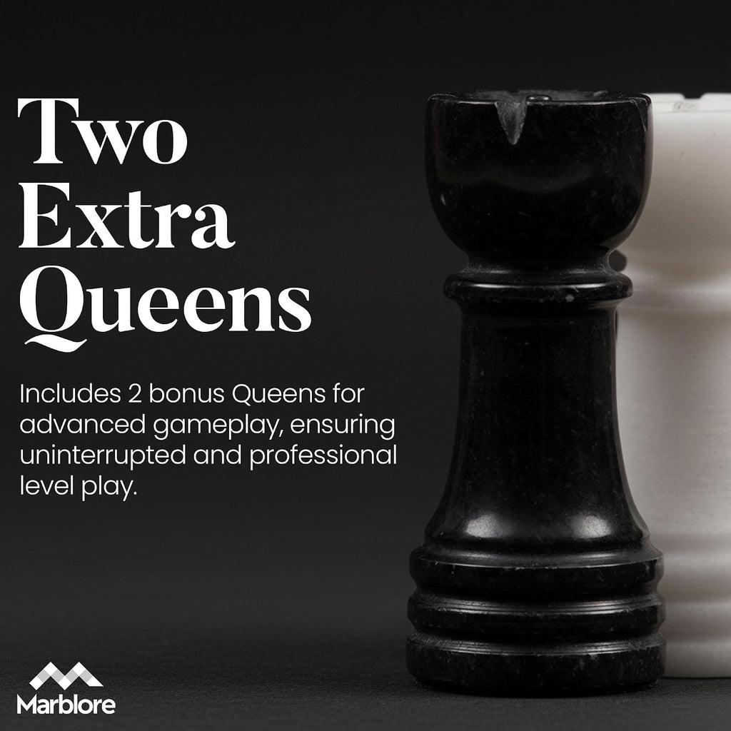 Marble Chess Set for Adults 10 Inch Handmade Black and White Board Game with 32 Chess Pieces 2 Extra Queens Luxury