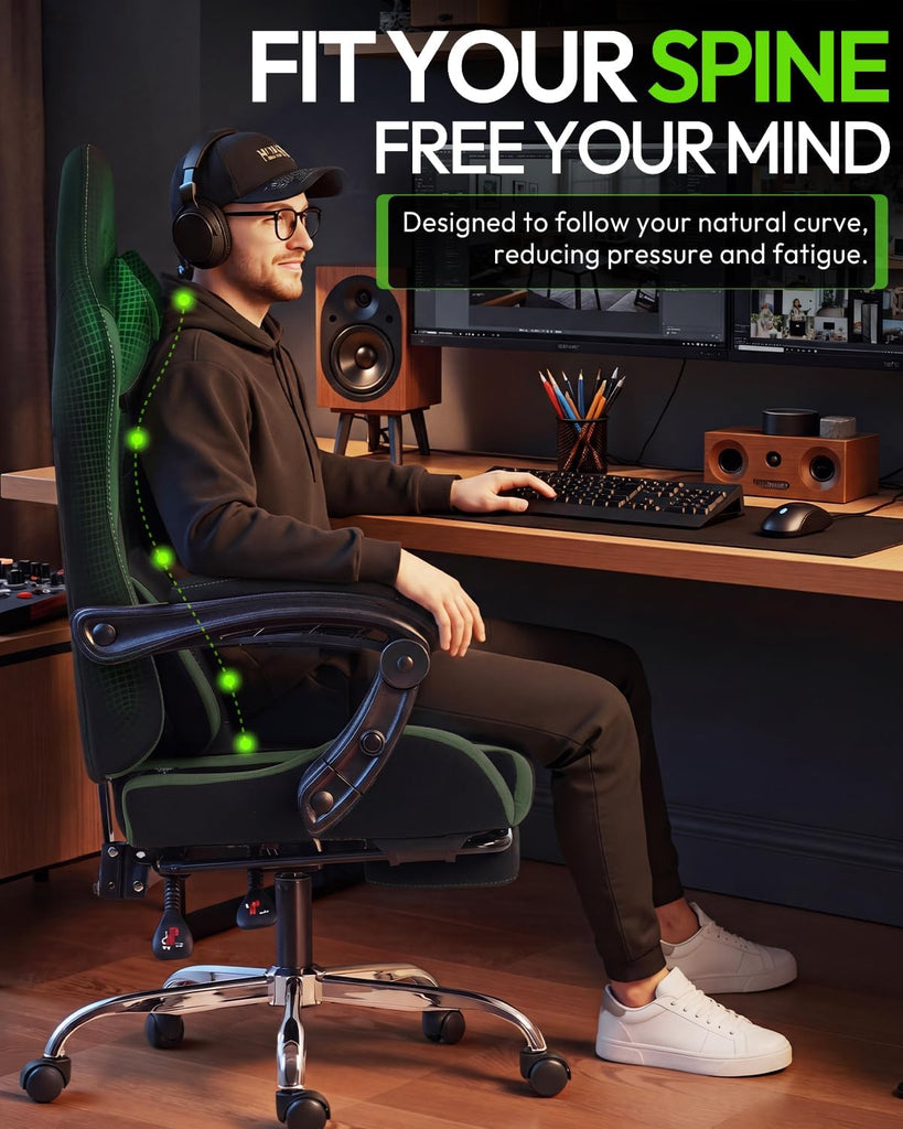 Ergonomic Gaming Chair with Footrest & Massage Lumbar, 2D-Linkage Armrests for Computer Chair 330lbs with Headrest