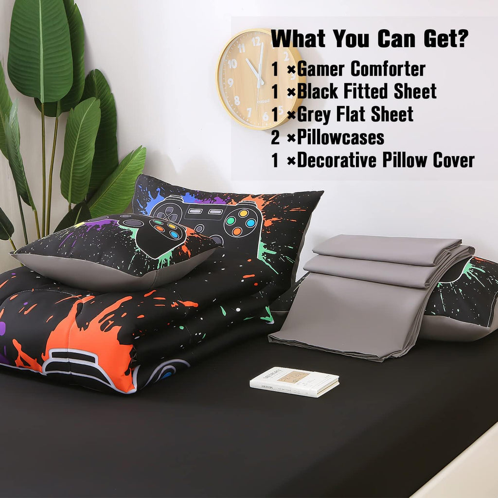 Twin Gamer Comforter Sets for Boys&Girls,6 Piece Bed in A Bag 3D Video Game Bedding -All Season Microfiber Gamer