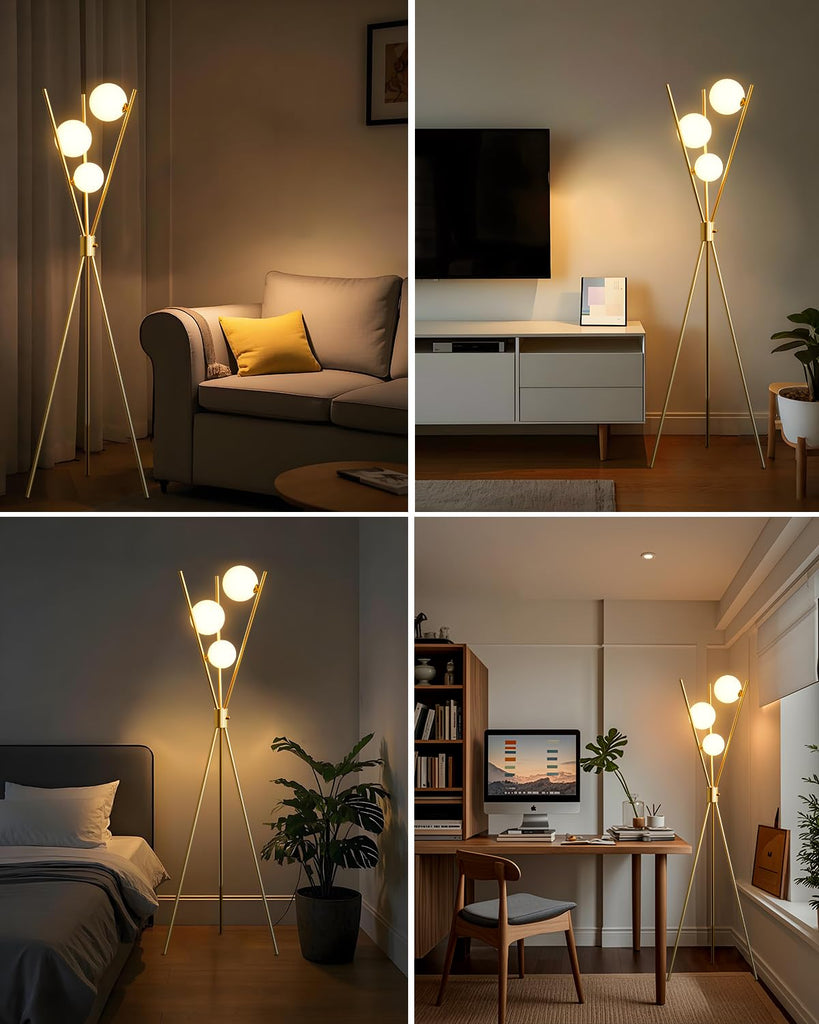Tripod Floor Lamp Stepless Dimmable Globe Modern Floor Lamp Gold Standing Lamps with 3PCS 3000K Bulbs Included Mid