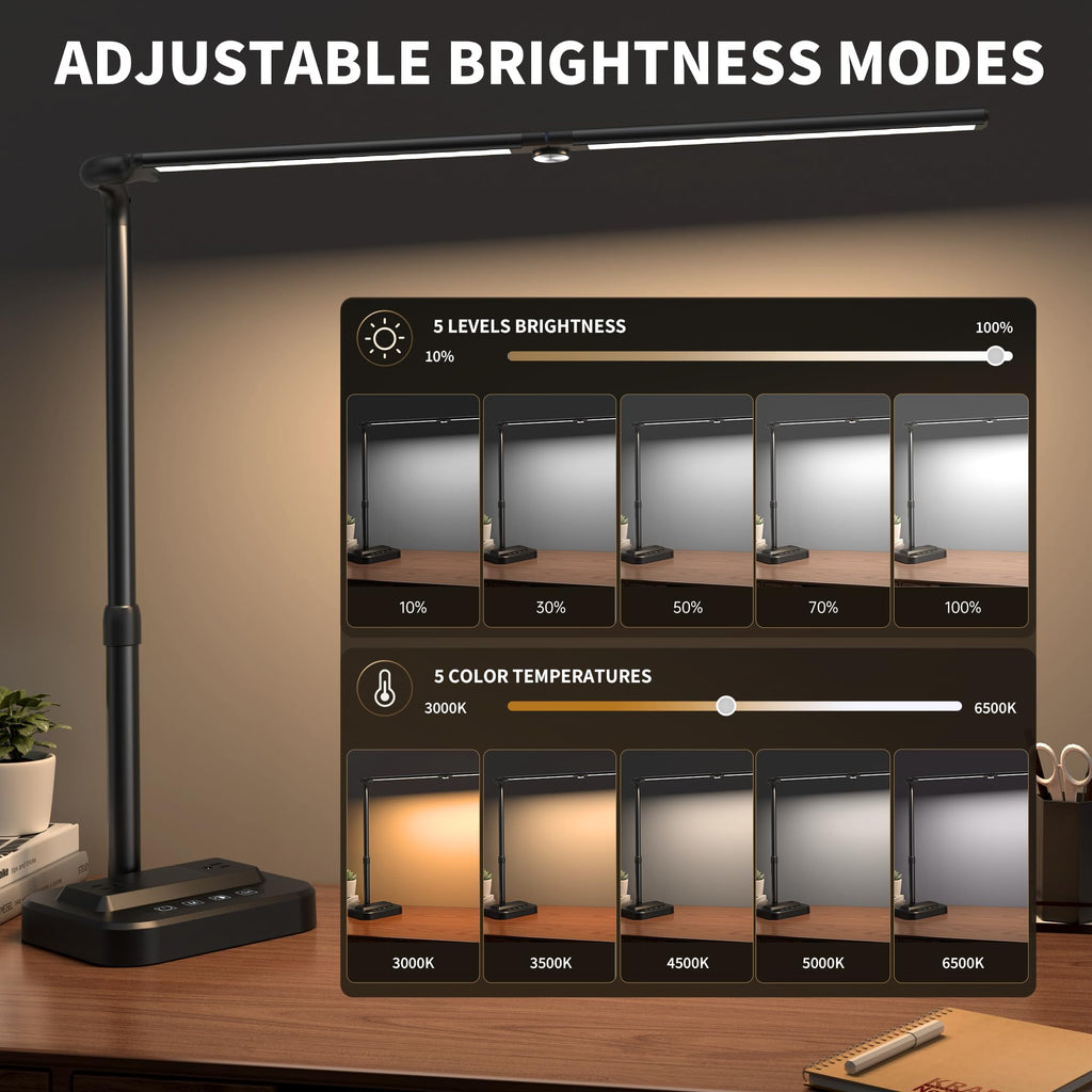 LED Desk Lamp, Ultra Wide Computer Light, Dimmable Desk Light with USB Fast Charger, Adjustable Foldable Eye Caring