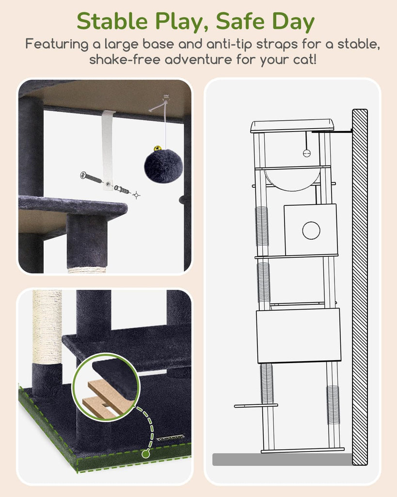 Heavy Duty Cat Tree, 74in Sturdy Cat Tower for Large Cats Adult, Big Cat Tree with 7 Sisal Scratching Posts
