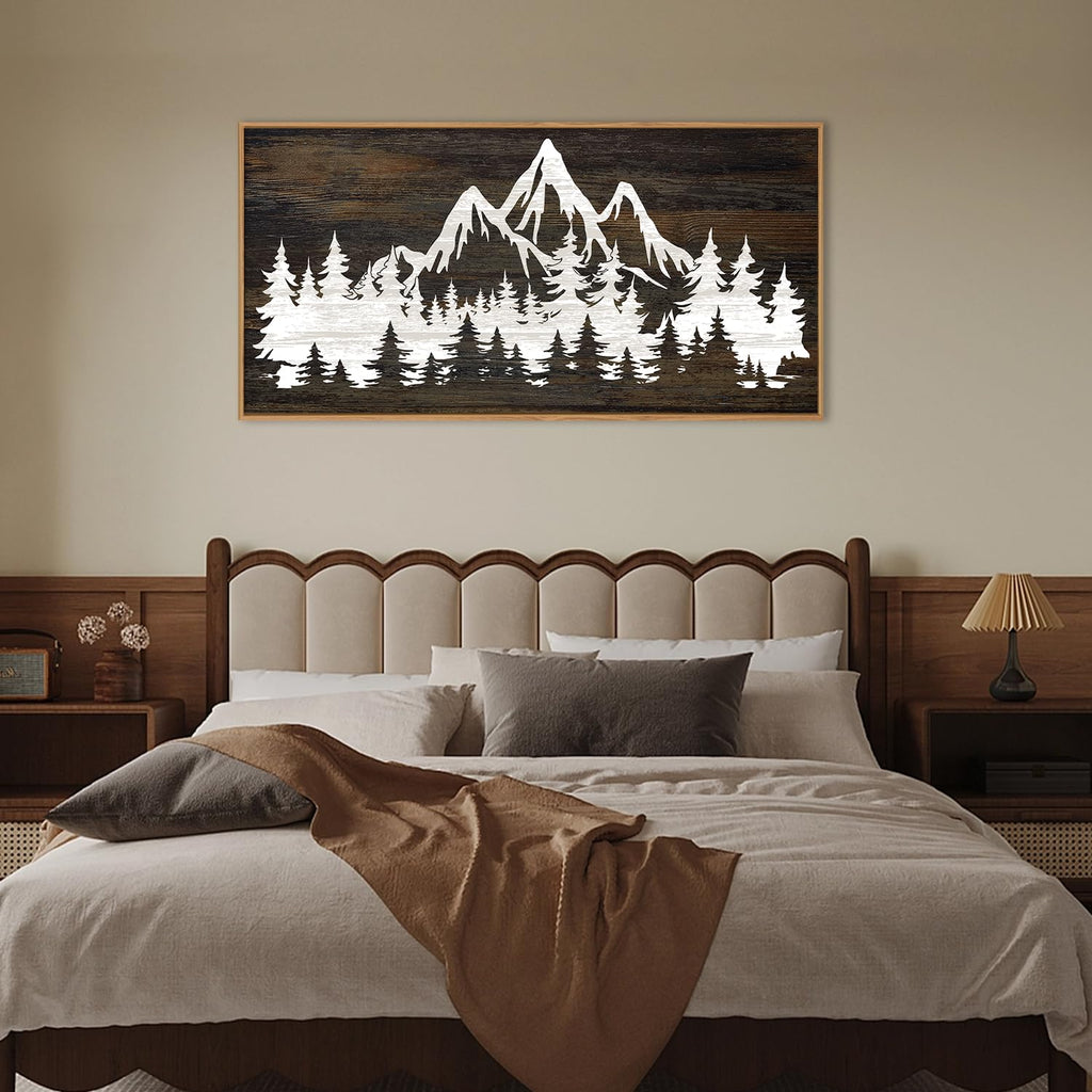 Large Mountain Tree Framed Canvas Wall Art, Modern White Forest Art Prints, Abstract Country Woodcut Wood Wall