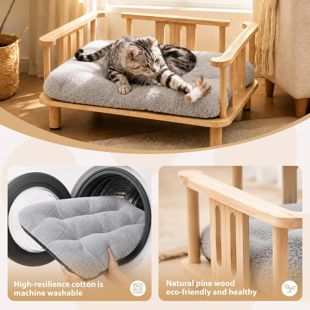Elevated Cat Couch & Dog Sofa, Solid Wood Raised Pet Bed with Machine Washable Plush Mattress, Indoor Cat Furniture
