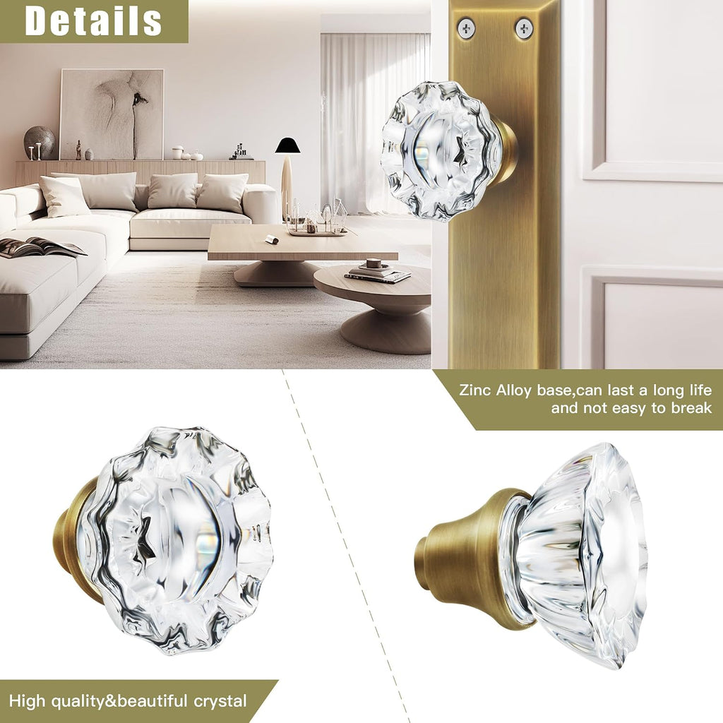 Crystal Glass Door Knobs Interior with Spindle, Antique Brass, 1 Pack