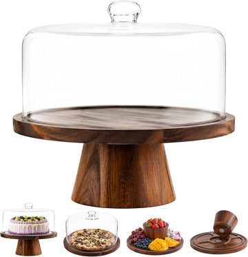 Acacia Wood Cake Stand with Lid - 12 Inch Magnetic Detachable Cake Stand with Dome, Shatterproof Acrylic Cover