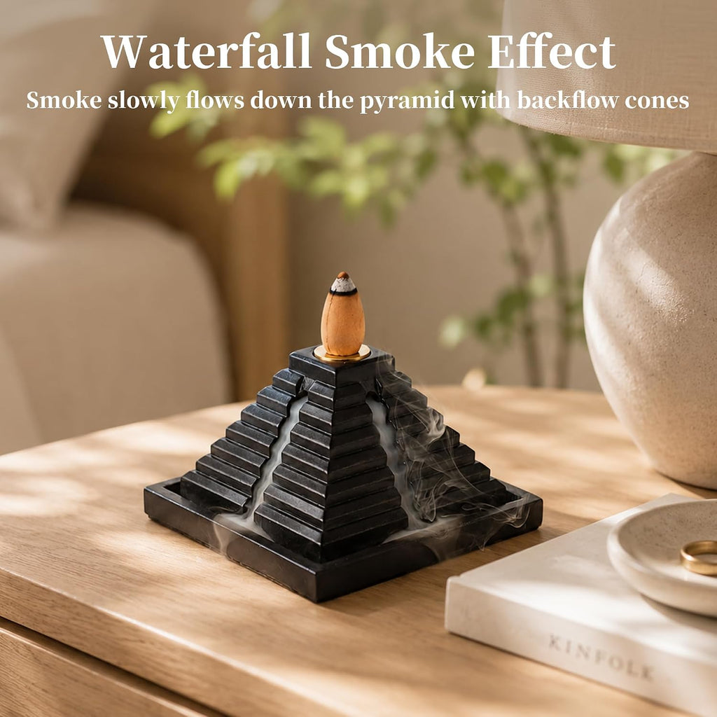 Pyramid Backflow Incense Burner Gift Set, Black Cement, 40 Cones
