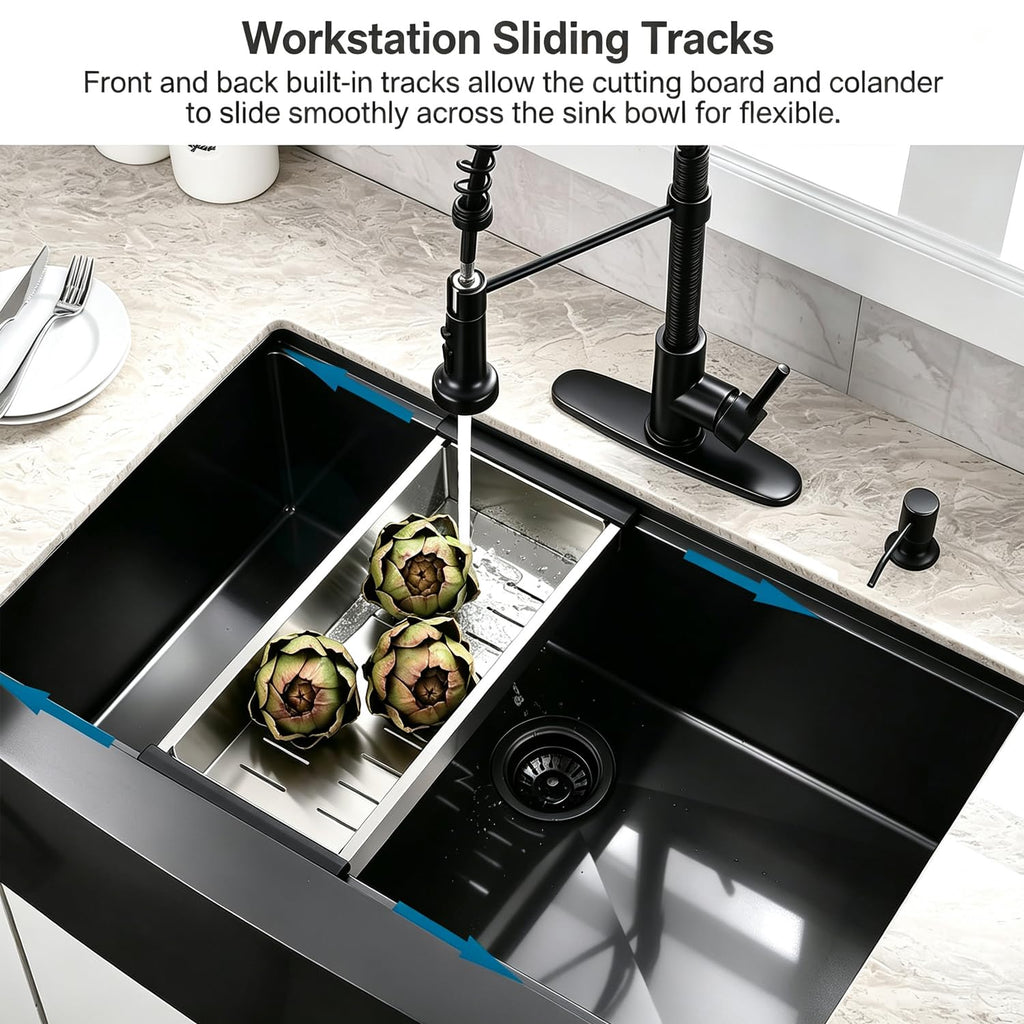 33 Inch Black Farmhouse Sink Workstation - 33x22