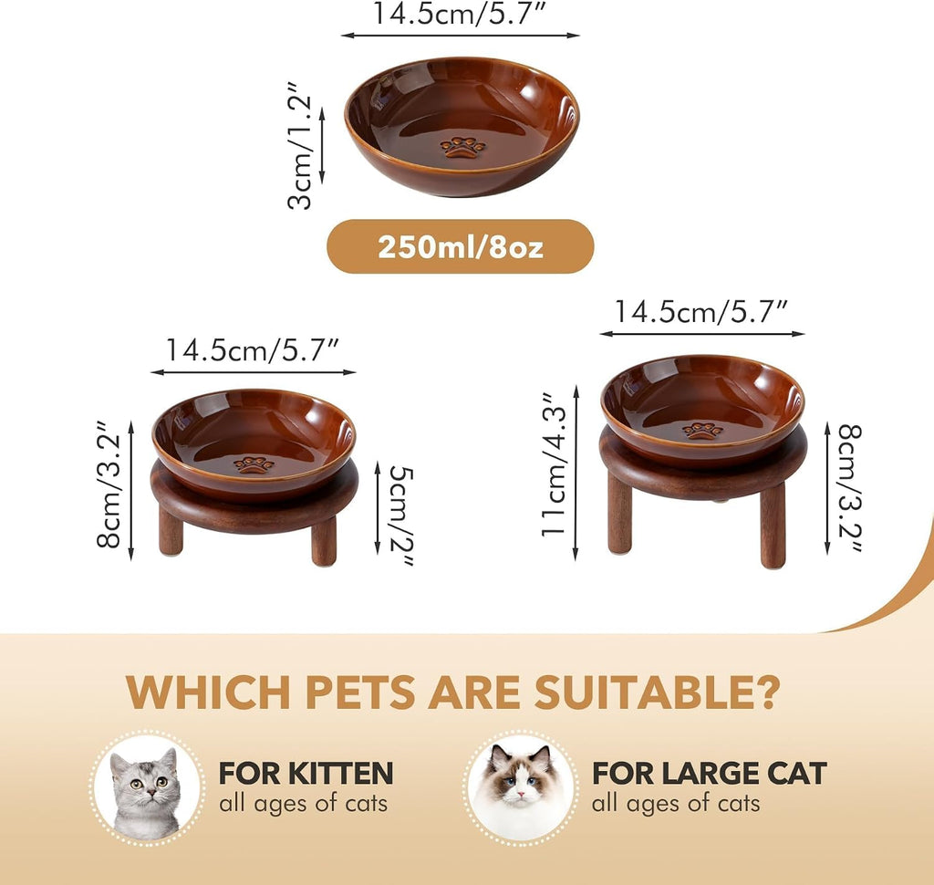 Elevated Cat Bowls, Ceramic Cat Bowl with Wood Stand, Wide Opening