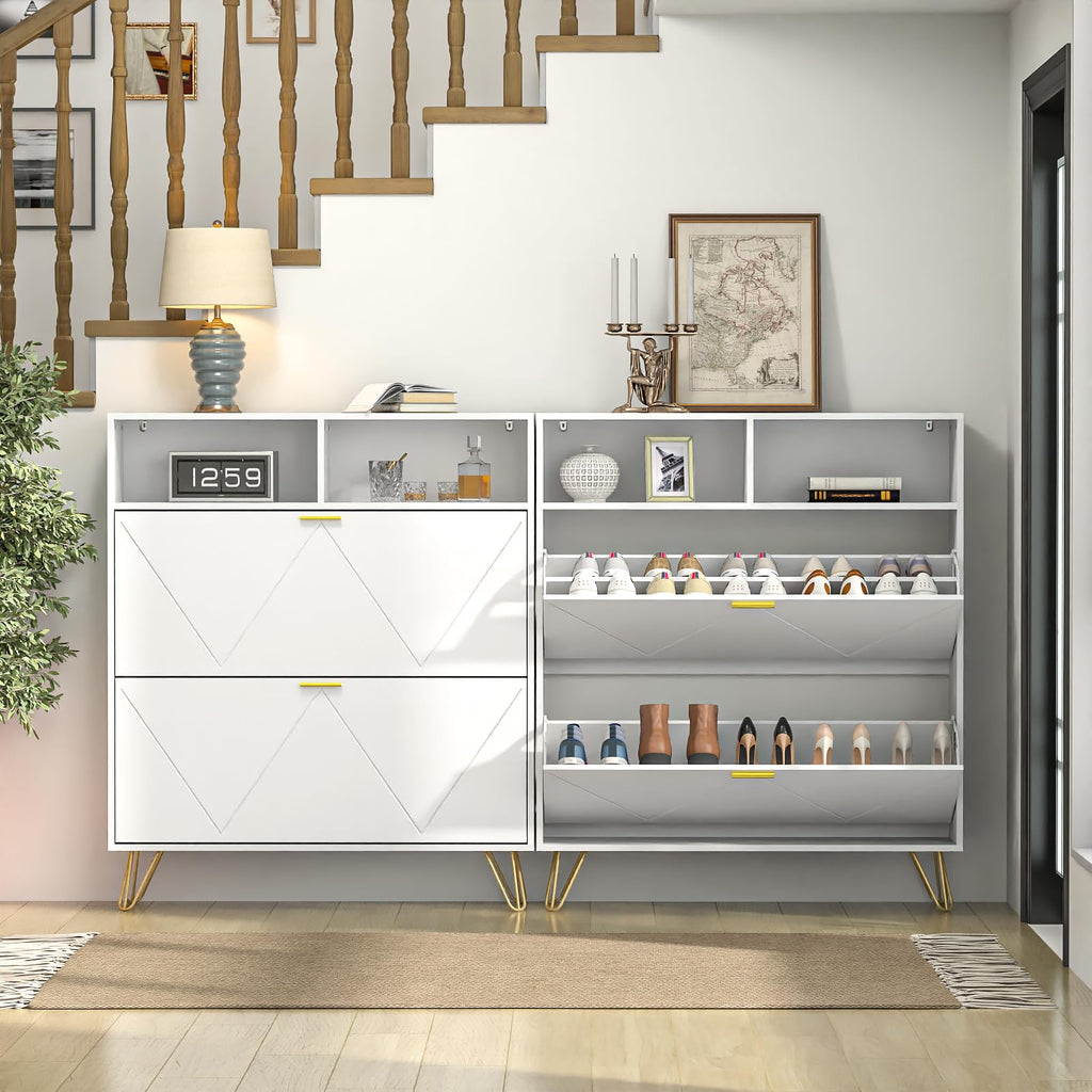 46'' Tall Shoe Cabinet with 2 Flip Drawers and Open Shelves, White丨Freestanding Shoe Organizer, Narrow Shoe Storage