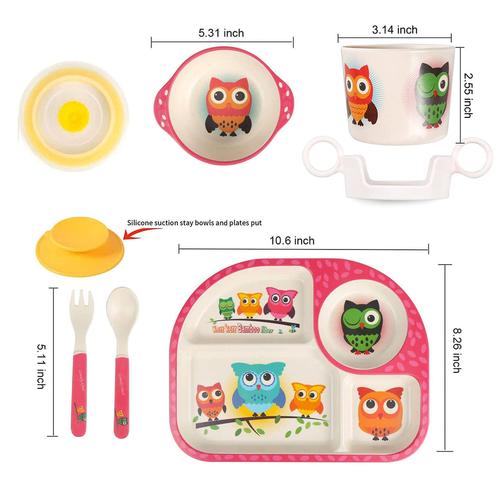 Bamboo Toddler Baby Plates and Bowls Set, 7Pcs Kids Plate Dinnerware Set