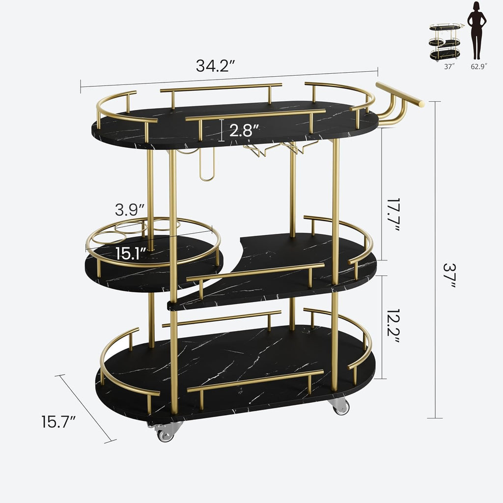 Modern 3-Tier Bar Cart with Wine Rack & Glass Holder | Rolling Serving Cart , Dining, Living Room, Black Marble