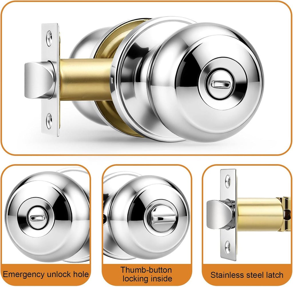 Polished Chrome Bed/Bath Door Knobs, Privacy Door Locksets, Keyless Interior Door Knobs, 10 Pack