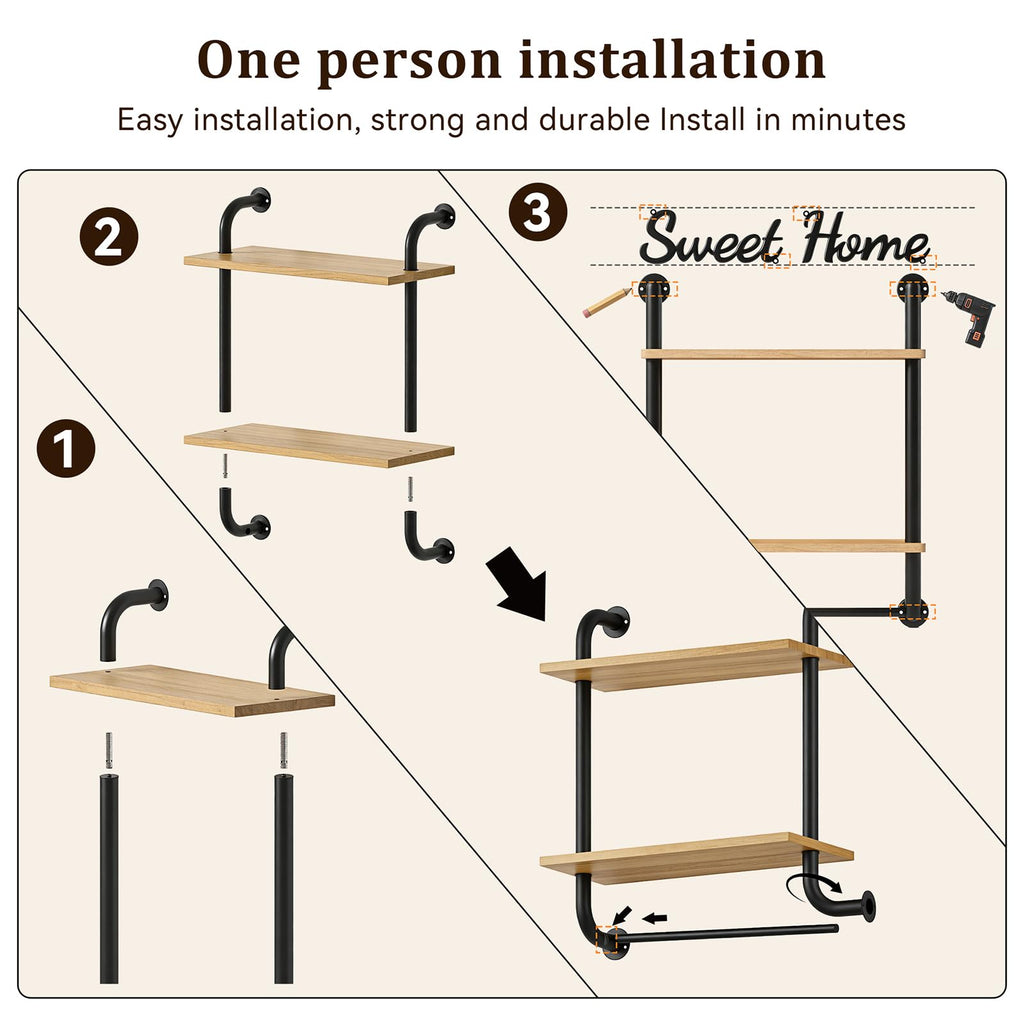 Bathroom Shelves Wall Mounted, Rustic Farmhouse Pipe Shelves, 2-Tier, Industrial Shelving Over Toilet, Floating Shelf
