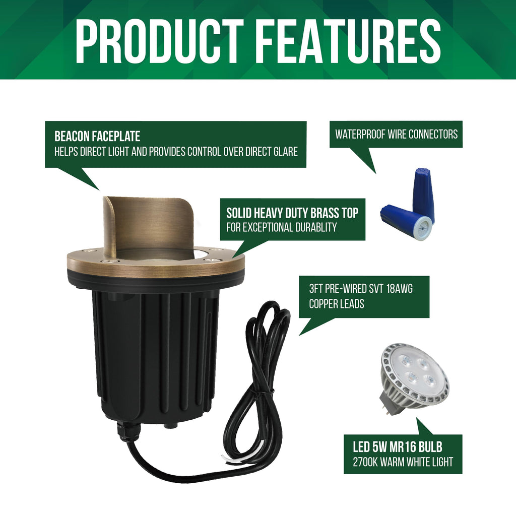 LED Brass Well Lights, 12V IP67 Waterproof Outdoor In Ground Light with MR16 Bulb and Swival Base, Low Voltage