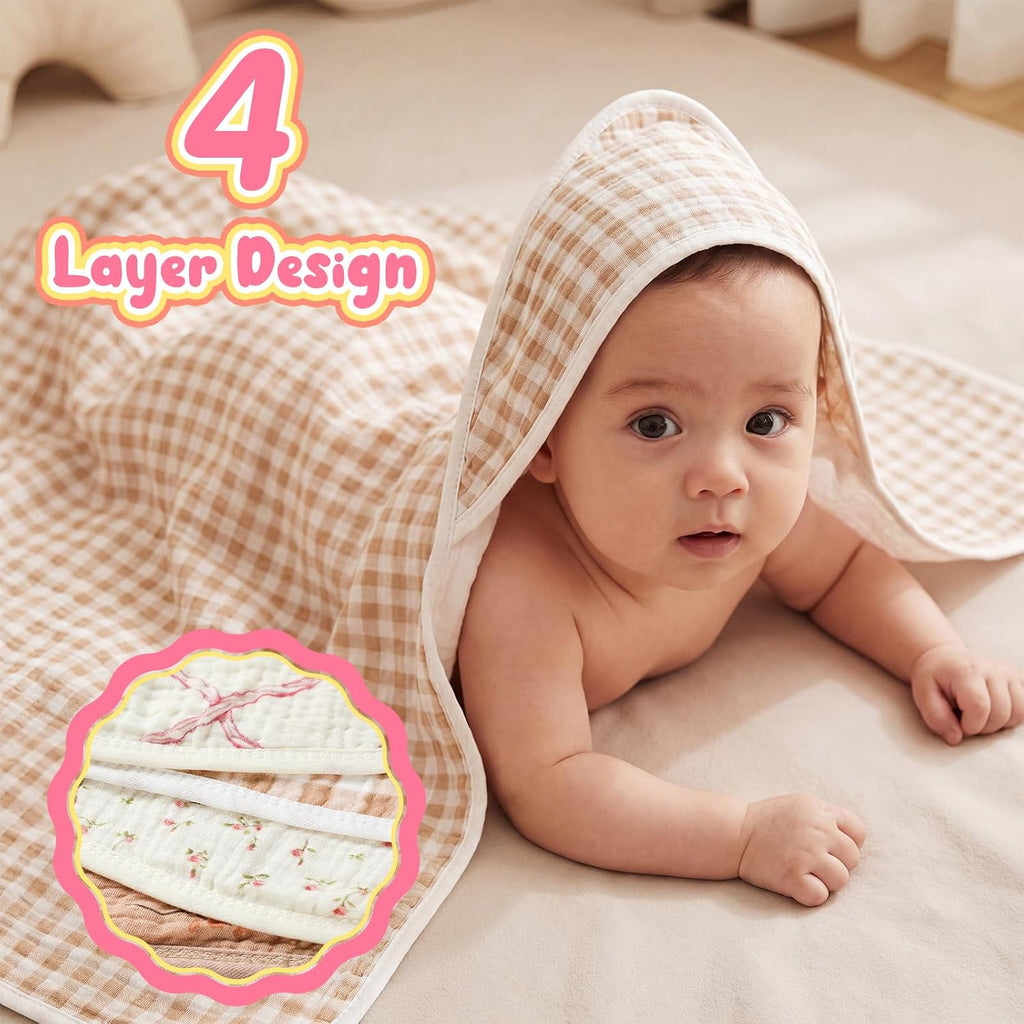 8 Pcs Organic Cotton Muslin Baby Hooded Towels Set with Washcloths