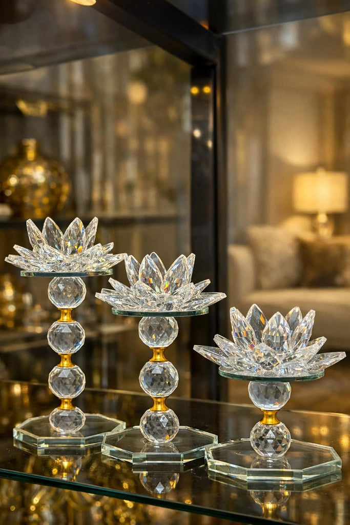 Quality Crystal Lotus Candle Holder Set 3 Piece Gold Detail Decorative Accent piece for Tables and Shelves Refined