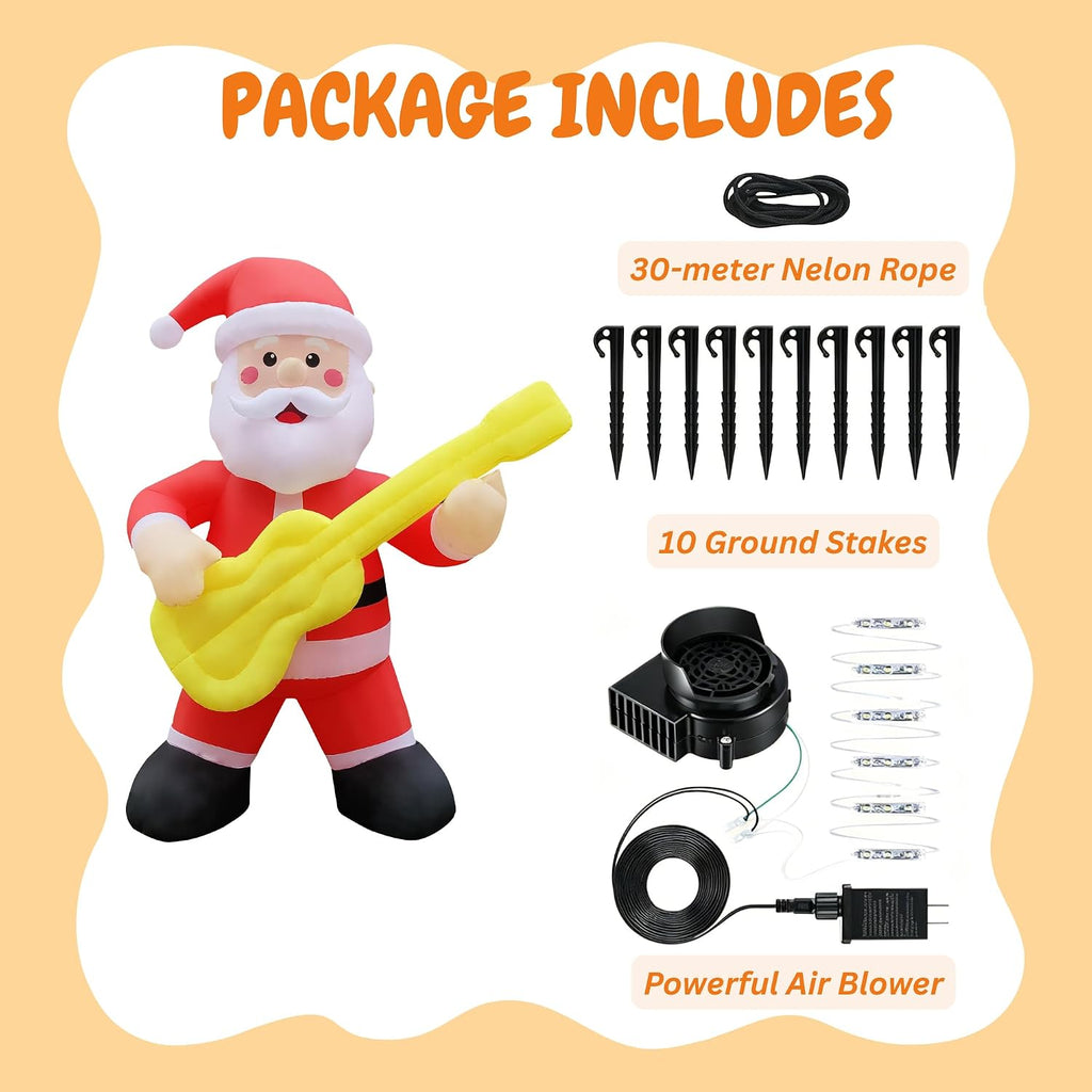 12FT Christmas Inflatables Outdoor Decorations Guitar Santa with LED Lights Christmas Blow Up Yard Decoration for