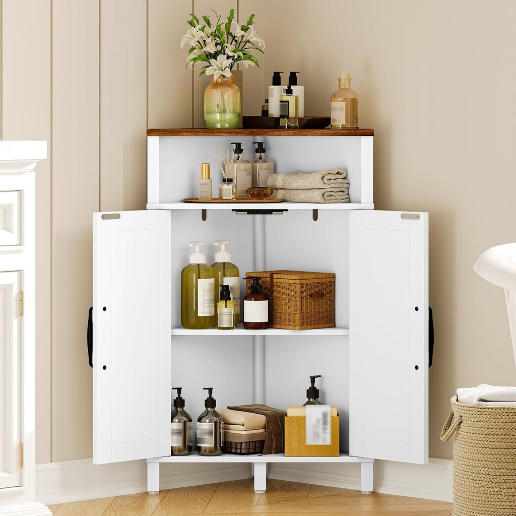 Farmhouse-Style Corner Cabinet, Corner Shelf with Open Storage, Double-Door Storage Cabinet, Twist-to-Lock Design