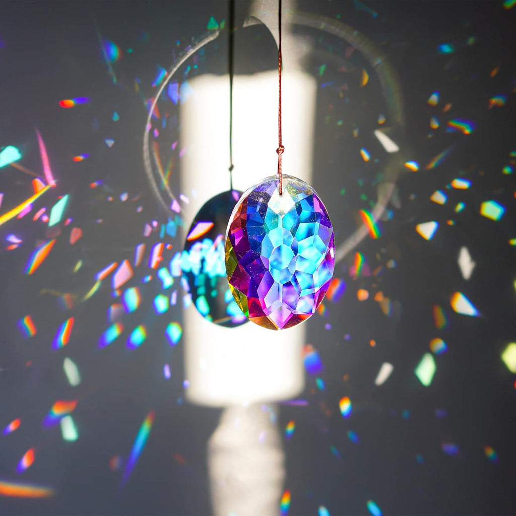 3.5 Inch Oval Crystal Prism Suncatcher, AB Rainbow Maker - AB Coating Faceted Glass Pendant, Colorful Light Catcher